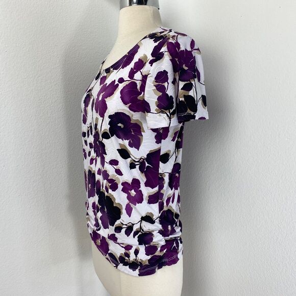 JM purple Floral Stretch Top Med Ruched Sides Cottagecore Boho Whimsy Fairy - Picture 5 of 10